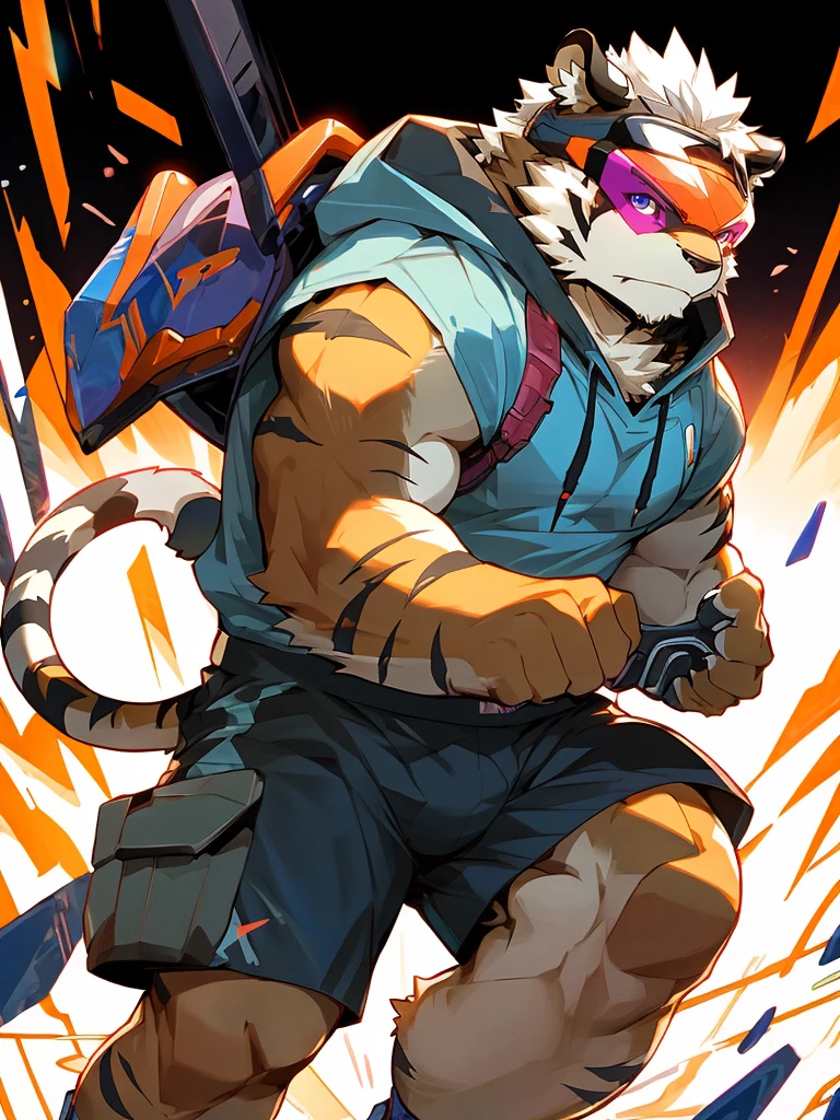 New Jersey 5 Hairy, masterpiece, high quality, anime, detailed eyes, male kosutora, anthro, tiger, Great physique, strong arms manly, (((orange tiger))), (((white hair))), goatee, white eyebrows, detailed purple eyes, tall, Joyful, (dark blue short hoodie), (((shorts cargo))), sport shoes, by zixiong, katana sword made from red gems, (((futuristic visor sunglasses))), action pose,