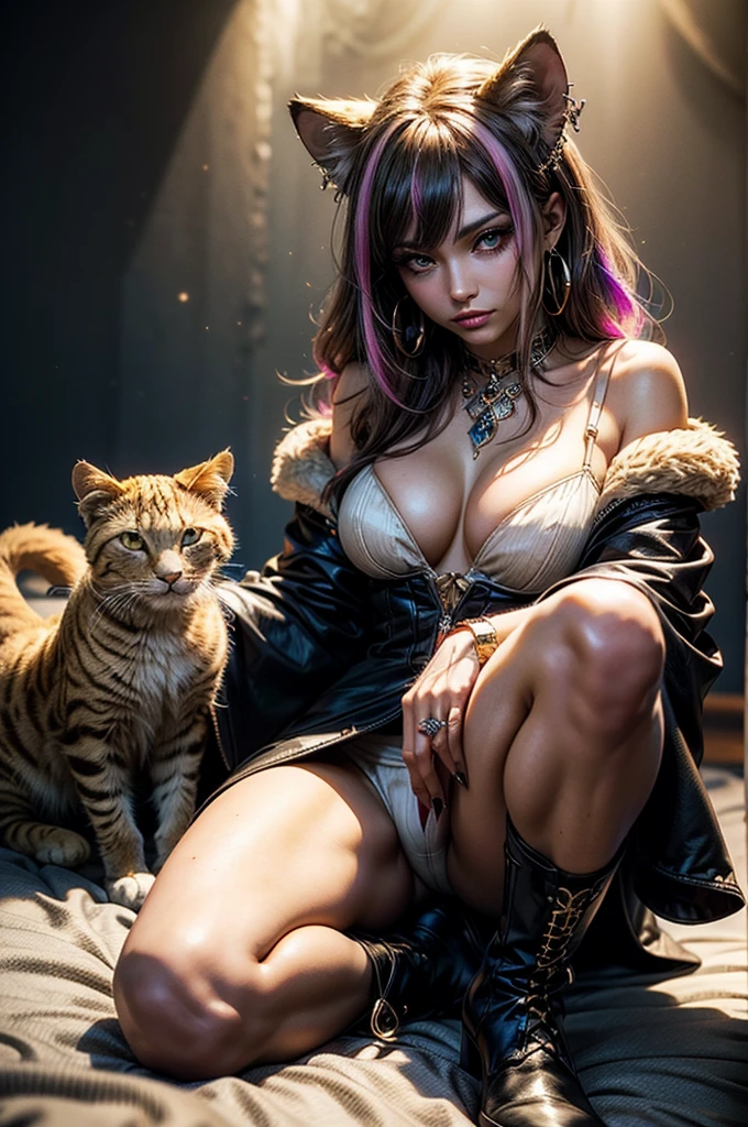 On the cosy bed there female lioness laying in seductive pose, she have ebony colour skin beautiful yellow cat eyes dark gold eyeshadows make up, ring style earrings, her hair is purple with pink highlights . she dressed in white neather topic with golden parts on countures also short and white leather straps on her cat legs instead of boots, her hands have hude ruby claws on her fingers, (ultra high quality fantasy art, anime fantasy style, masterpiece, ultra high quality character design, 8k quality anime art, realistic anime art, top quality wallpaper illustration, detailed ultra high quality accurate face, high quality design and accurate physic)