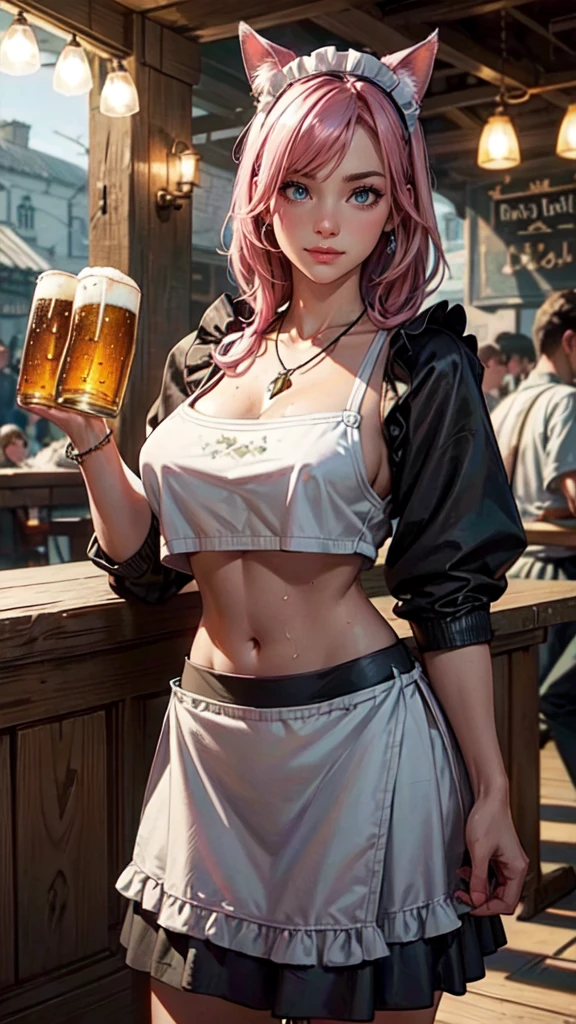 nsfw, masterpiece, 1 girl, intricately detailed, crop top, drindl, pubs, table, crowd, navel, necklace, beer, tavern, inn, pub, crowd, maid skirt, waist apron, short black hair, smiling, extremely detailed, photorealistic, octane render, 8 k, unreal engine. horse ears, horse tail, large breasts, , aqua eyes, carrying beer tray, bare stomach, sweaty, people on background,lf with, pink hair, and cat eyars, swettt, detailed eyes, detailed hands, detailed face
