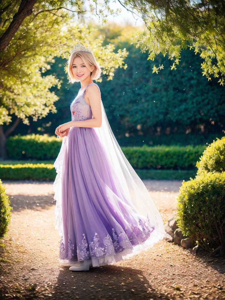 A cinematic landscape photograph featuring an elegant and charming Japanese woman. She has a slight smile and flowing blonde hair in a layered cut, gently blown by the wind. She is dressed in an intricately embroidered royal gown, adorned with a sparkling crown. She holds a transparent umbrella delicately in one hand. The setting is a beautiful garden filled with azalea trees in full bloom during autumn. The scene is enhanced with the magical effect of sky blue purple mixed gracefully creating a mesmerizing and ethereal atmosphere.