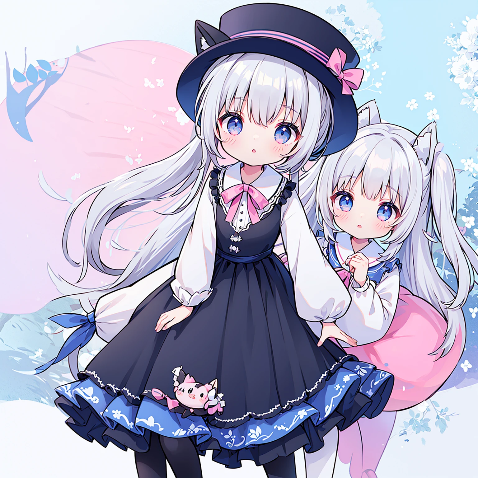 female、独奏, whole body, light blue eyes、mary jane shoes, pose for a photo.,long hair、twintail hair,shy,blush,Hot,masterpiece、Best image quality、top quality, wizard hat、long hair,fox ears,gray hair,(black pantyhose),blue eyes、exquisite eyes、Beautiful girl、Chubby cheeks、cute 드레스、long blouse, puffy sleeves、Ruffled skirt、pink ribbon、cute、change, Magic Wand,