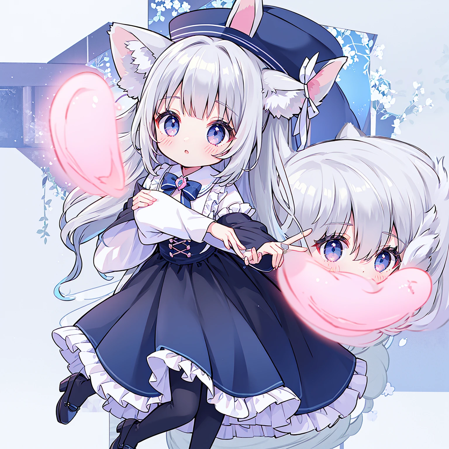 female、独奏, whole body, light blue eyes、mary jane shoes, pose for a photo.，long hair、twintail hair，shy，blush，Hot，masterpiece、Best image quality、top quality, wizard hat、long hair，fox ears，gray hair，(black pantyhose)，blue eyes、exquisite eyes、Beautiful girl、Chubby cheeks、cute 드레스、long blouse, puffy sleeves、Ruffled skirt、pink ribbon、cute、change, Magic Wand,