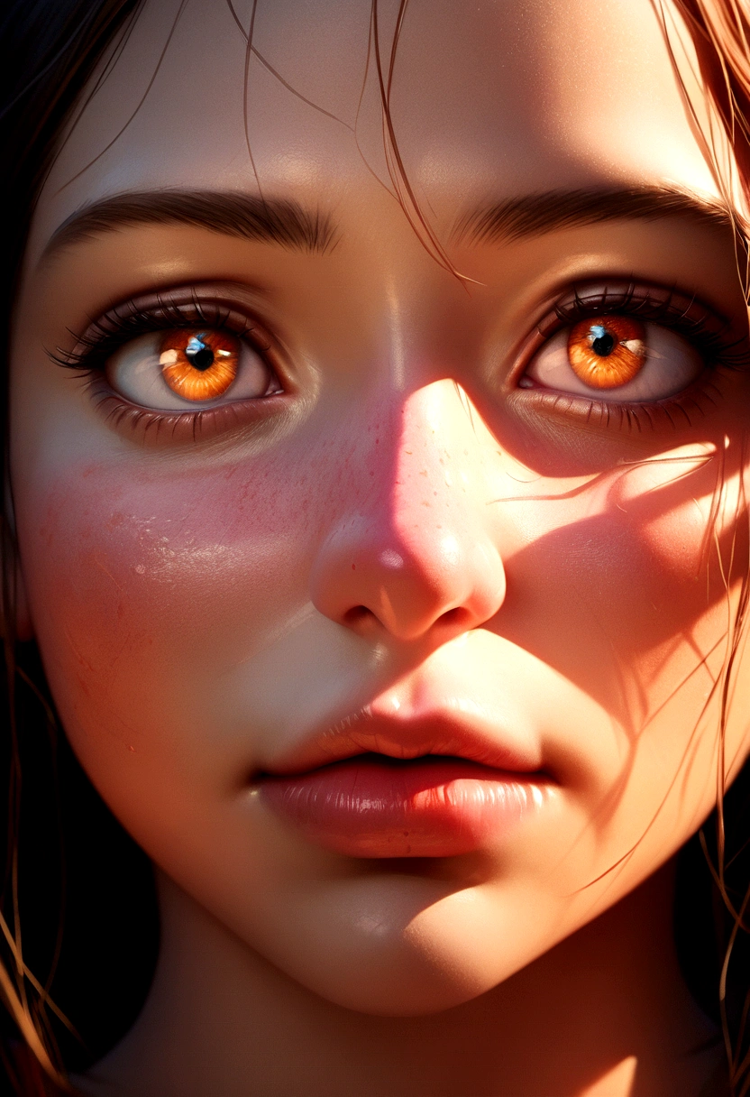 a detailed close-up portrait of a beautiful young woman, perfect skin, big beautiful eyes, long lashes, delicate nose, full lips, soft facial features, natural lighting, high resolution, 8k, hyper detailed, photorealistic, cinematic, dramatic lighting, warm color tones, glowing skin written on her shirt ishansy 