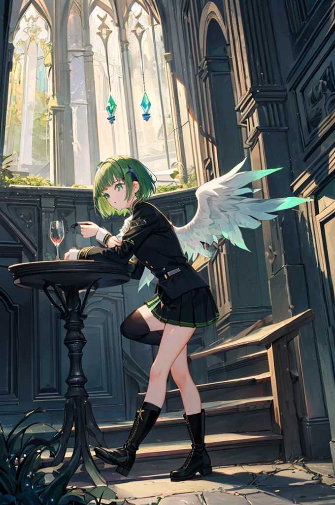 [(with a cathedral background:1.4)::5],original,(shape:1.1),(highest quality),(Tabletop:1.1),(Highly detailed CG Unity 8k wallpaper:1.1), (colorful:0.9),(Mid Shot:0.95),(very detailed beautiful whole body),Dynamic Angle,(alone:1.2), (girl),(((Adult))), (Beautiful eyes in every detail:1.15), (Beautiful Face:1.15), (Glowing green eyes:1.25////),(Gemstone Eyes),(Green Short Hair),(Blunt bangs),((The girl wear a black knight uniform)),Realistic,, girl,Green Hair,((Black long boots)), Black mini skirt,Black knee socks(rage),(Contempt and contempt),rage,(beautiful slender girl),((Adult)),((whole body)),Valkyrie, Decorations,((Thin legs)),((slender girl)),Front Angle,Front Angle,