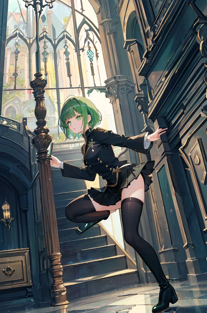 [(with a cathedral background:1.4)::5],original,(shape:1.1),(highest quality),(Tabletop:1.1),(Highly detailed CG Unity 8k wallpaper:1.1), (colorful:0.9),(Mid Shot:0.95),(very detailed beautiful whole body),Dynamic Angle,(alone:1.2), (girl),(((Adult))), (Beautiful eyes in every detail:1.15), (Beautiful Face:1.15), (Glowing green eyes:1.25////),(Gemstone Eyes),(Green Short Hair),(Blunt bangs),((The girl wear a black knight uniform)),Realistic,, girl,Green Hair,((Black long boots)), Black ,Black knee socks(rage),(Contempt and contempt),rage,(beautiful slender girl),((Adult)),((whole body)),Valkyrie, Decorations,((Thin legs)),((slender girl)),Front Angle,Front Angle,