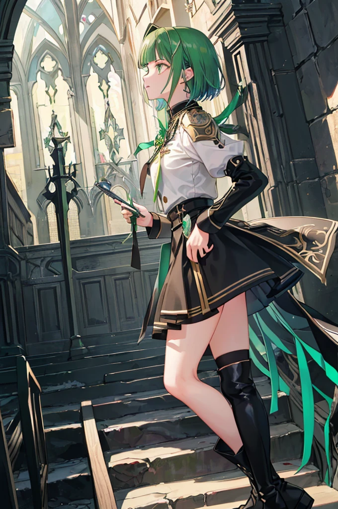 [(with a cathedral background:1.4)::5],original,(shape:1.1),(highest quality),(Tabletop:1.1),(Highly detailed CG Unity 8k wallpaper:1.1), (colorful:0.9),(Mid Shot:0.95),(very detailed beautiful whole body),Dynamic Angle,(alone:1.2), (girl),(((Adult))), (Beautiful eyes in every detail:1.15), (Beautiful Face:1.15), (Glowing green eyes:1.25////),(Gemstone Eyes),(Green Short Hair),(Blunt bangs),((The girl wear a black knight uniform)),Realistic,, girl,Green Hair,((Black long boots)), Black mini skirt,Black knee socks(rage),(Contempt and contempt),rage,(beautiful slender girl),((Adult)),((whole body)),Valkyrie, Decorations,((Thin legs)),((slender girl)),Front Angle,Front Angle,