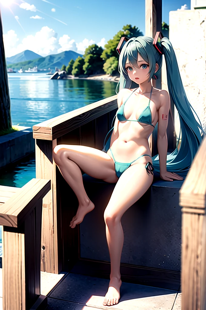 Sakimi-chan, ((Hatsune Miku)), a girl with 18 years old, (slingshot bikini), (open M legs),