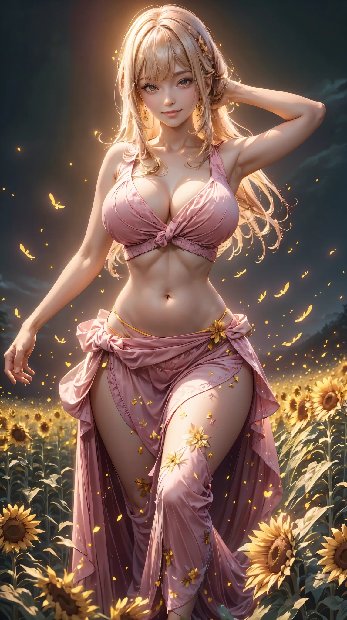 a woman in a pink dress standing in a field of sunflowers, smiley face smile on face, huge breasts, hot body curves, gracefully belly dancing pose, angel doing yoga in temple, photo of slim girl, beautiful woman body, photo of slim girl model, super model, style of beautiful body, yoga meditation pose, movie stills, beautiful fashion model body