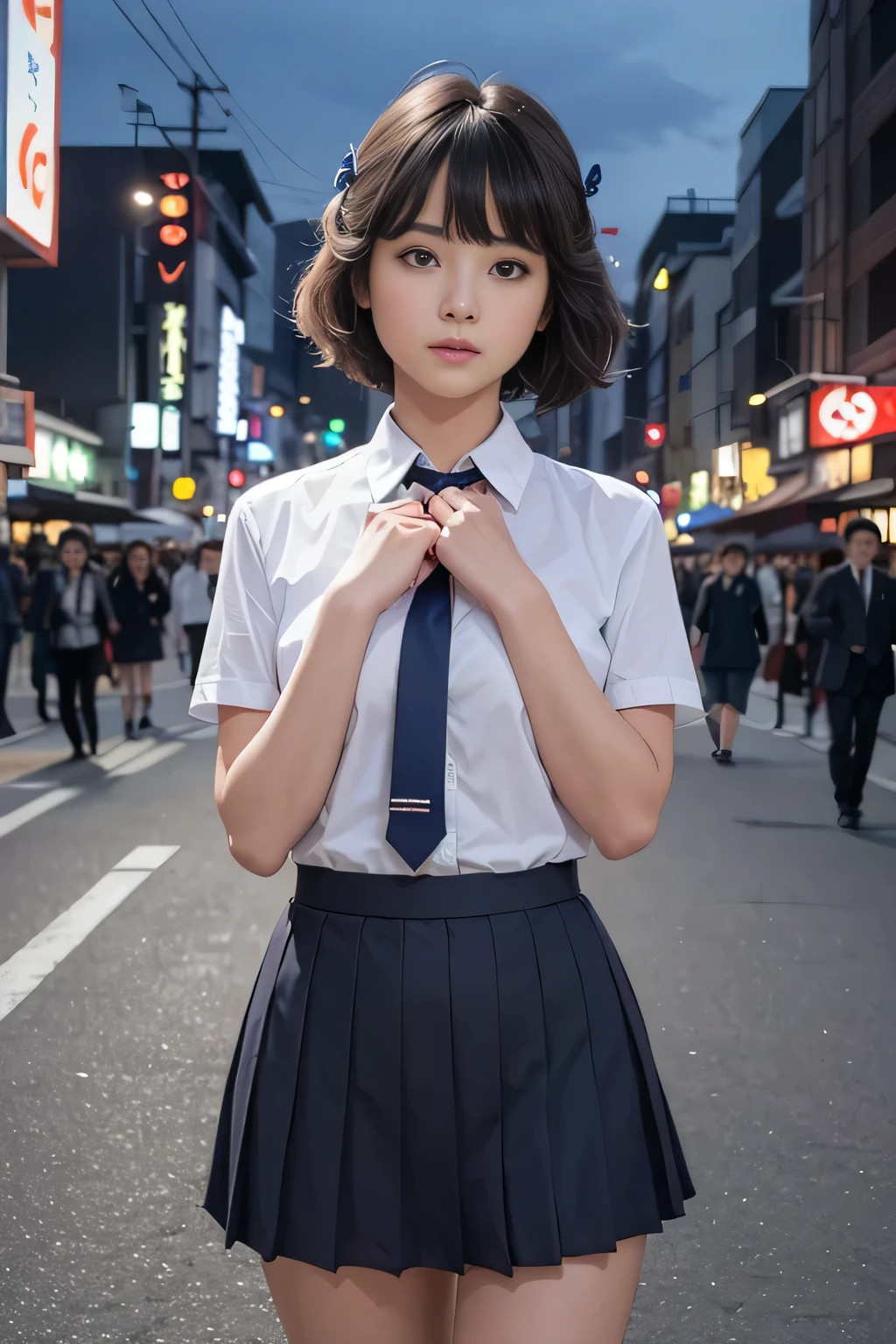 (8K, RAW Photos, masterpiece:1.3), (Realistic, photo-Realistic:1.37), (night), (View your viewers:1.331), (Gray Hair), Pause, Tokyo Street, nightcityscape, Cyberpunk City, Soft Light, One girl, Very beautiful face, , Put your hands down, Random hairstyle, Random representation, Big eyes, Lower abdomen, (Short sleeve .JK_shirt), JK_style, (dark blue JK_skirt), (bow JK_tie), Mix 4., Highest quality,(Good:1.3)