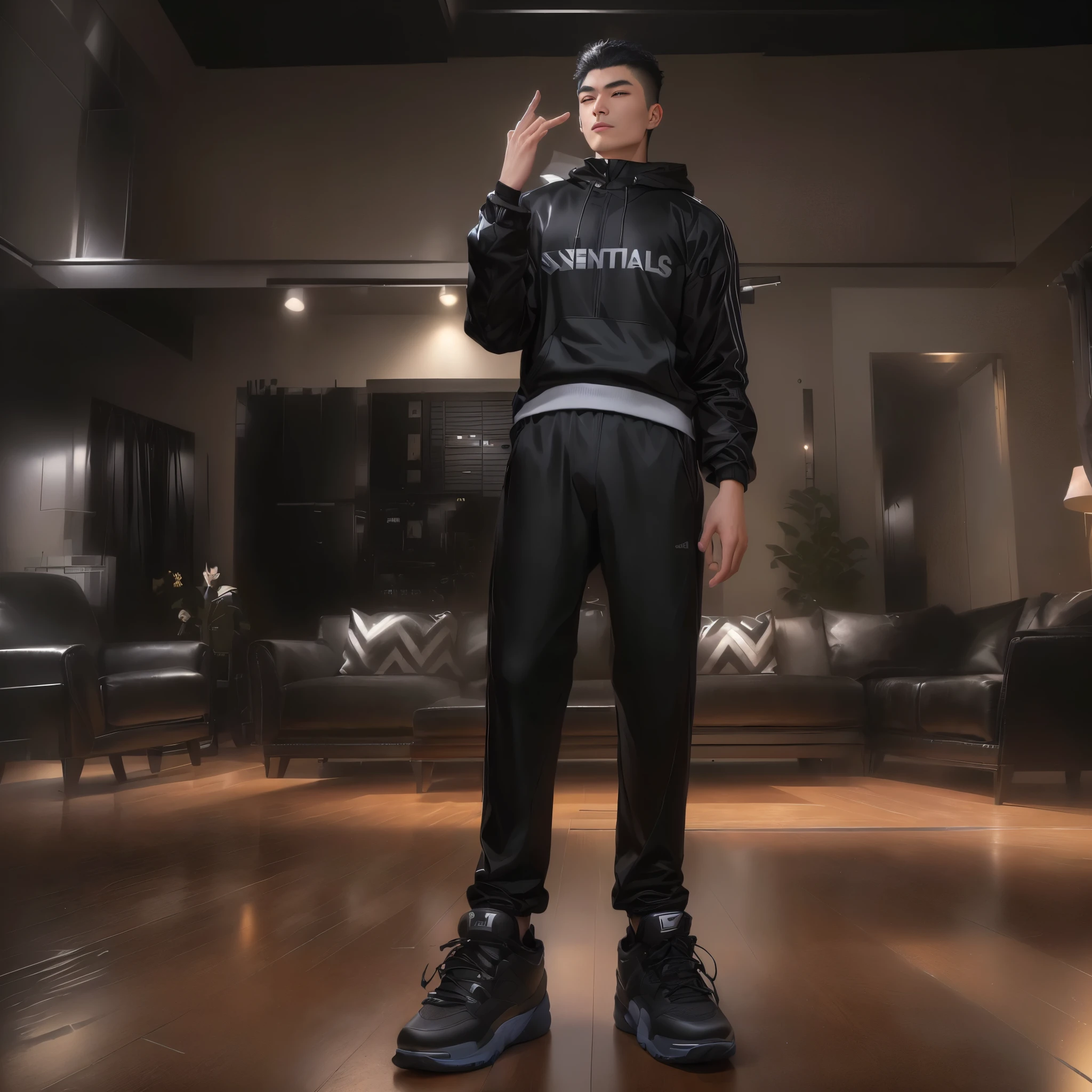 arafed man in a black jacket and black pants standing in a living room, wearing a tracksuit, wearing a track suit, inspired by Zou Yigui, full body realistic portrait, inspired by Ding Yunpeng, energetic varia suit, character full body portrait, photorealistic full body, realistic artstyle, full body character portrait, realistic clothing