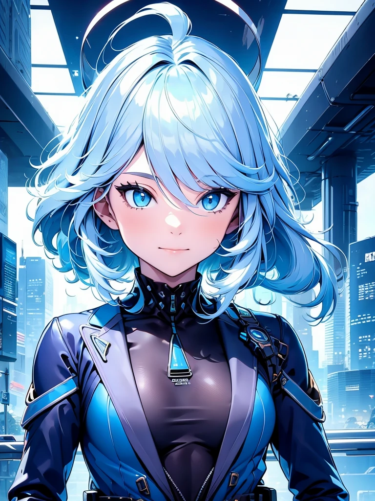 Furina, 1women, wearing a futuristic outfit, cyberpunk outfit, at a future city, cyberpunk look, light blue colour hair, 8k, high detailed, high quality
