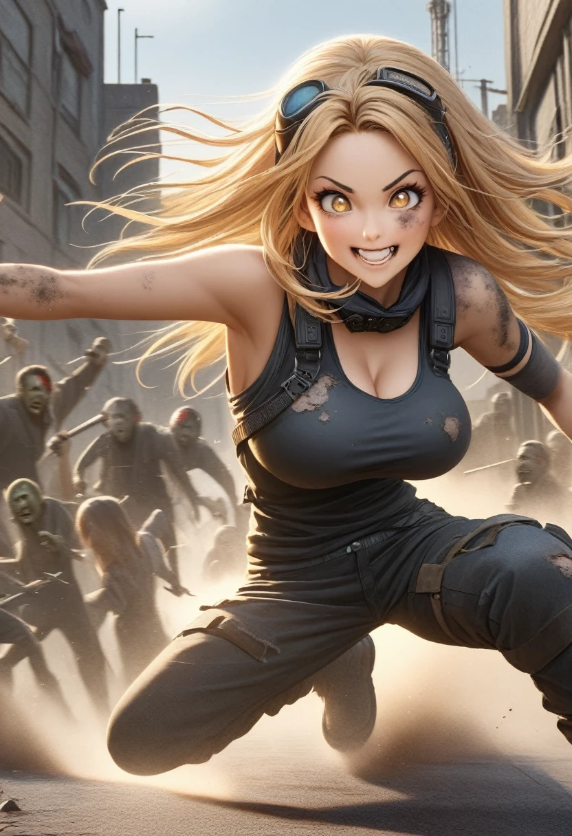Golden hair, golden eyes with black pupils, woman , big chest, motorcycle goggles, happy, focused, building defense wall, hammering nails, dirty, garage, zombie apocalypse, tattered black streetwear, speeding, highly detailed, perfect eyes, well defined eyes, highly detailed eyes, expressive eyes, best quality