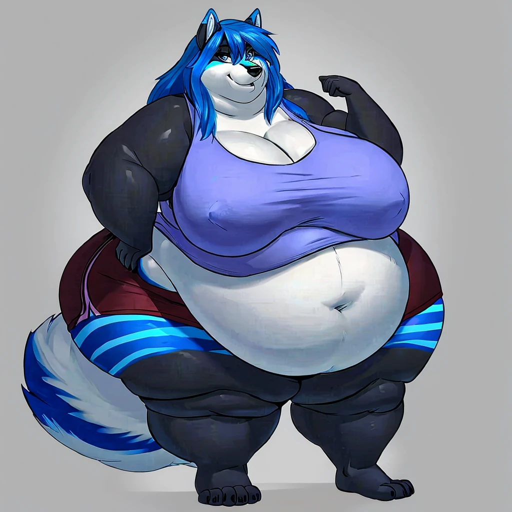 Malamute, female, long hair, gorgeous, beautiful, eyelashes, voluptuous, plump, belly rolls, fat arms, fat legs, ,tank top, shorts ,huge saggy breasts ,fringe on eye,heavy top, huge hips huge thighs heavy bottom ,sports bra,sports shorts, simple background , obese, belly rolls, fat rolls, belly rolls,belly overhang,rolled up tail, fully black body, blue stripes,blue highlights,blue highlights, blue highlights, blue stripes,blue hair,big belly,huge butt, blue eyes,blue thigh markings