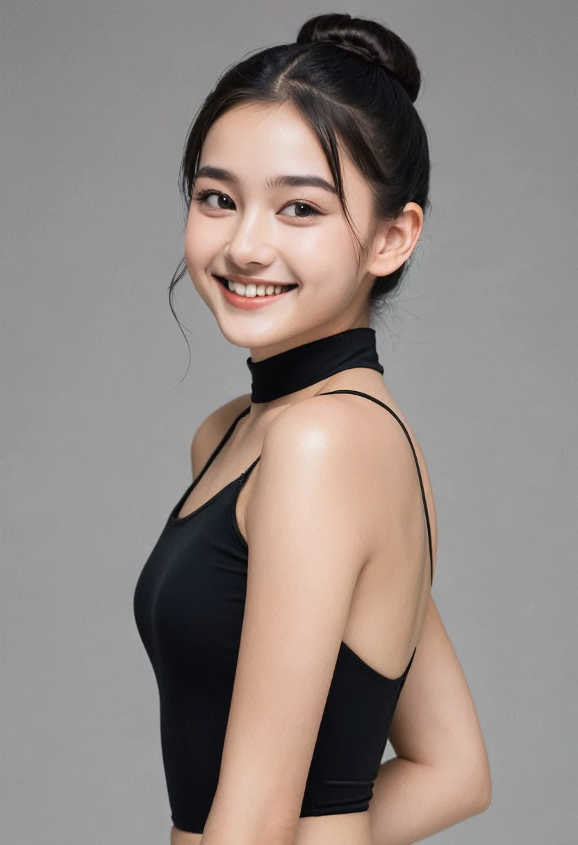 "A young 18 year old woman, Grinning, tall and elegant with dark hair tied in a bun, wearing a black leotard. She's standing in first position, with your toned legs, arms raised above the head in a graceful pose and serene expression. Your body exudes an incredible lightness and grace, as if she were about to launch into an elaborate ballet number. The background is a dance room with mirrors on the walls, projecting your silhouette in an enchanting setting."