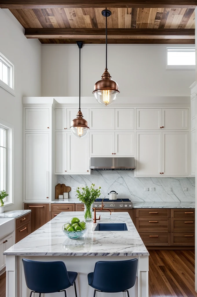 kitchen with bright white cabinets that go to the ceiling, with some upper cabinets with glass doors. The island could have a dark wood base or a contrasting color, like navy blue, with a white marble countertop. on top of the island, three industrial style pendant lamps. A vintage clock on the wall and some exposed copper utensils.