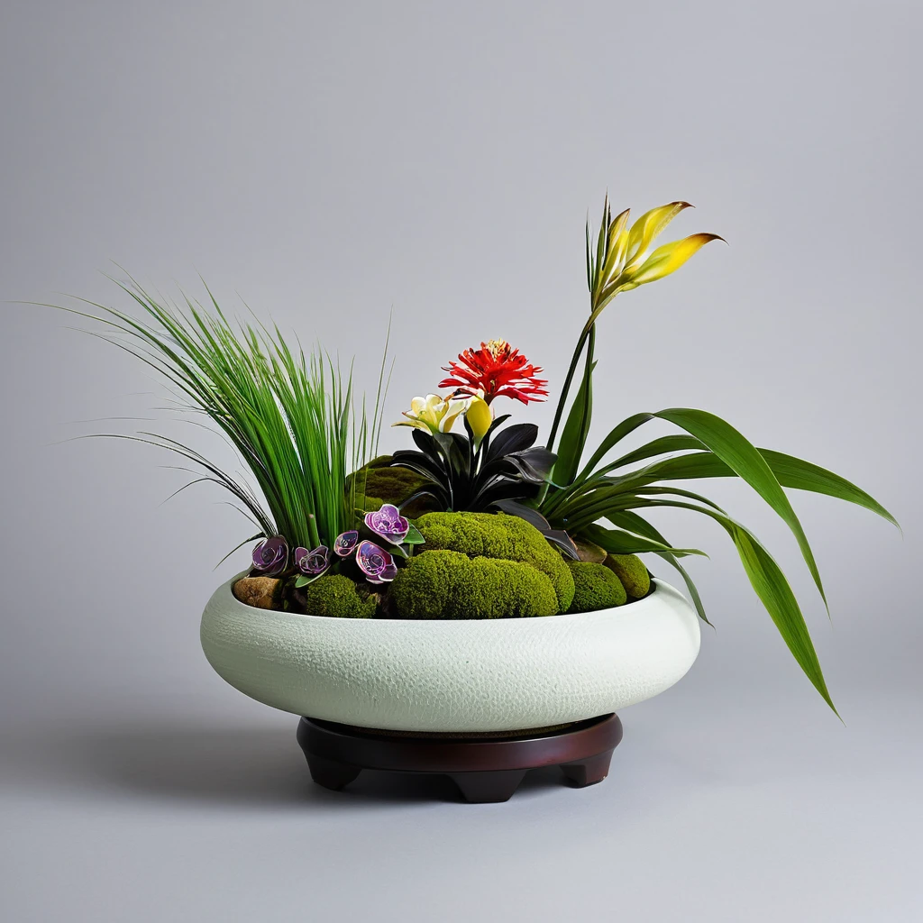 Moribana ikebana uses a shallow container and a kenzan, a holder with many sharp points into which flowers are inserted. The big feature of moribana is the broad expanse of natural-looking shapes and a mound of beautiful flowers.