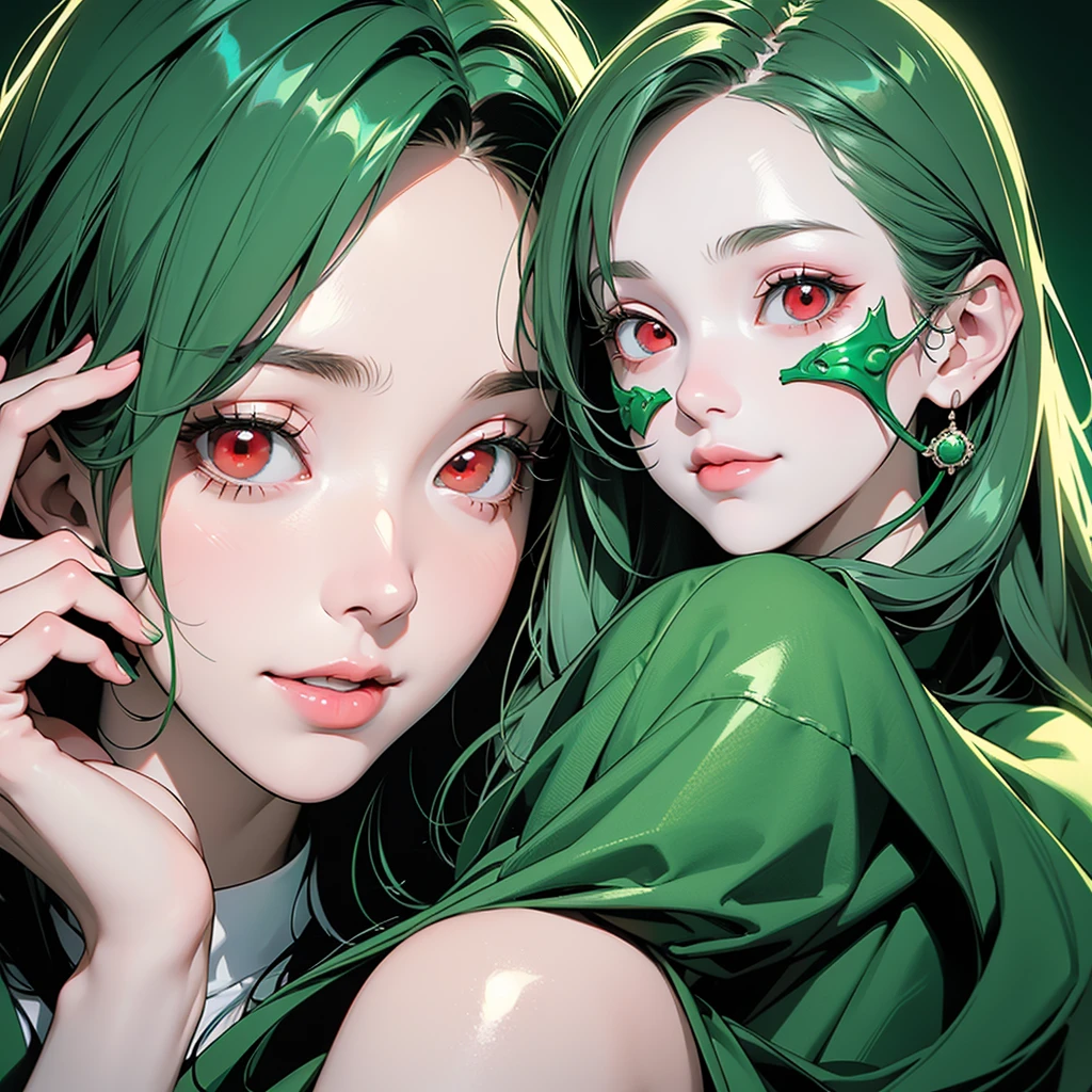 girl, holding a jar with many pharmaceutical pills, slight smile, red eyes, very pale skin, green image background and green image mask, madness and psychedelic image, various factors of madness and scrizophenia, elements of madness in the human mind
