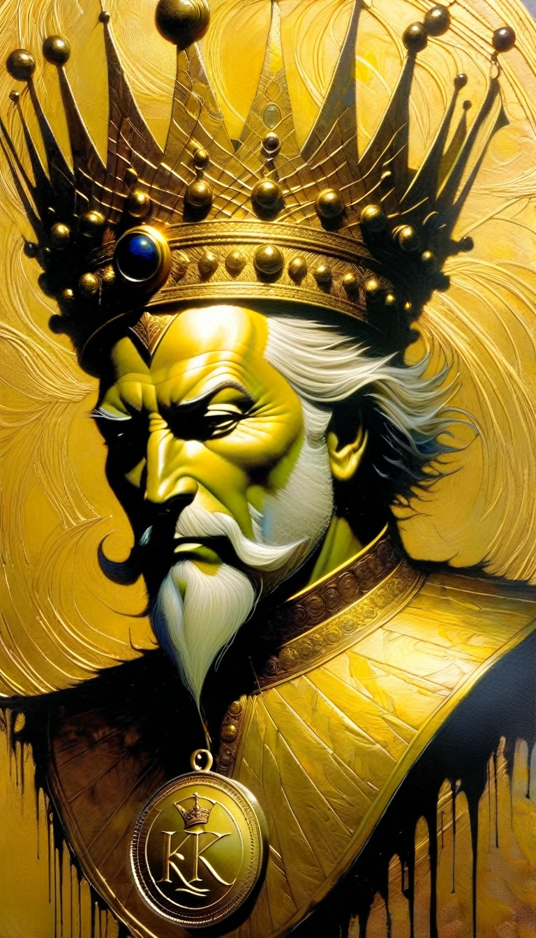 impressive gold coin with a drawn king (Dave Mckean inspired art, intricate details, oil painting)