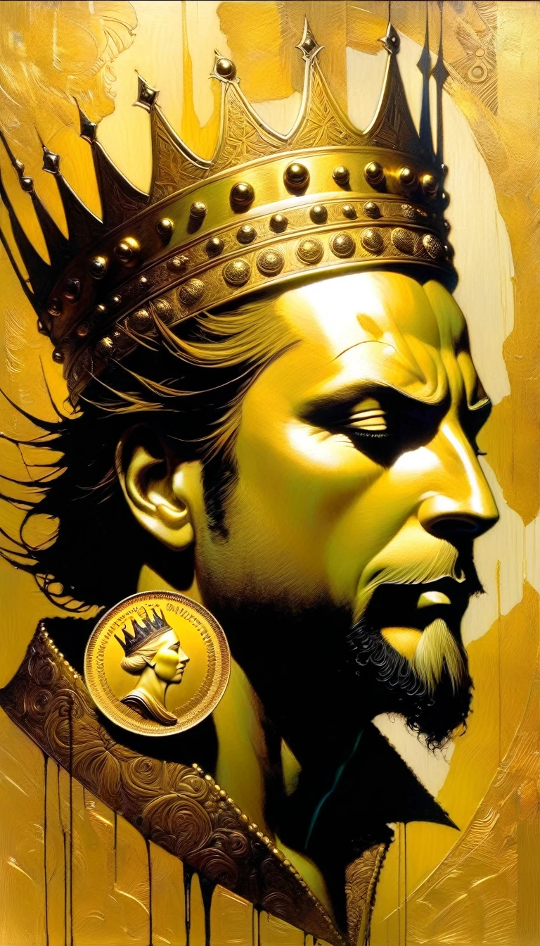 impressive gold coin with a drawn king (Dave Mckean inspired art, intricate details, oil painting)