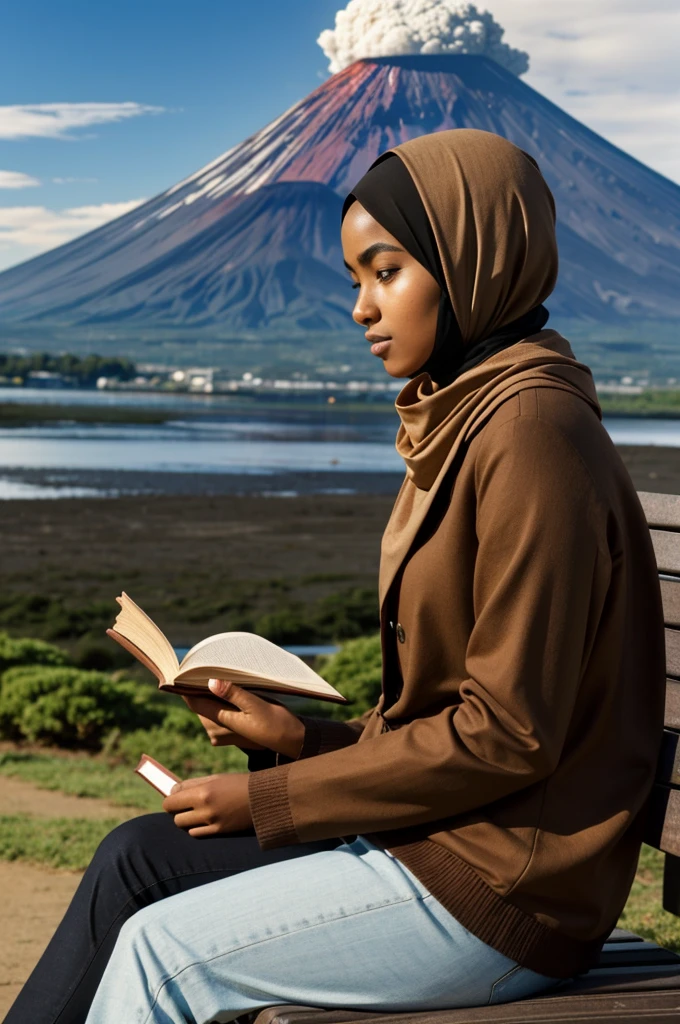 girl in a brown hijab, dark skin, beautiful face, big eyebrows, with Fuji volcano in the background, side view a couple of meters away, sitting on a bench and reading a book with a thoughtful face.