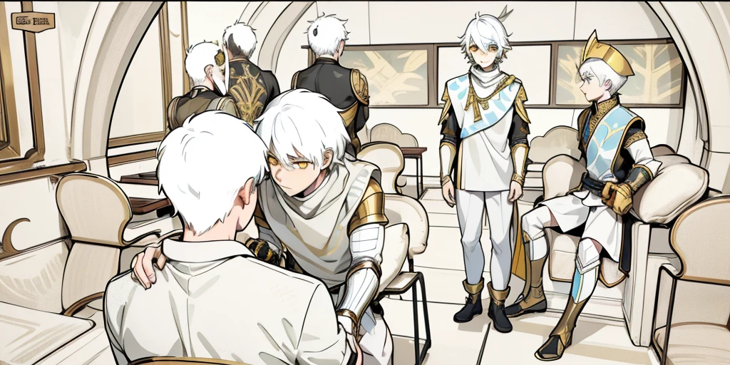 There is a boy sitting with his back turned and several young men in front of him intimidate. They only have white hair and yellow eyes, black tunics, golden armor, black with yellow golden jewelry.