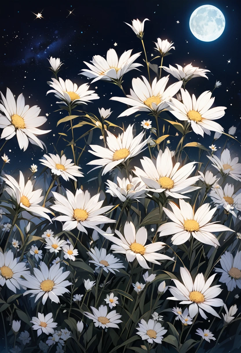 Beautiful white flowers on a background of the night sky with stars and moon