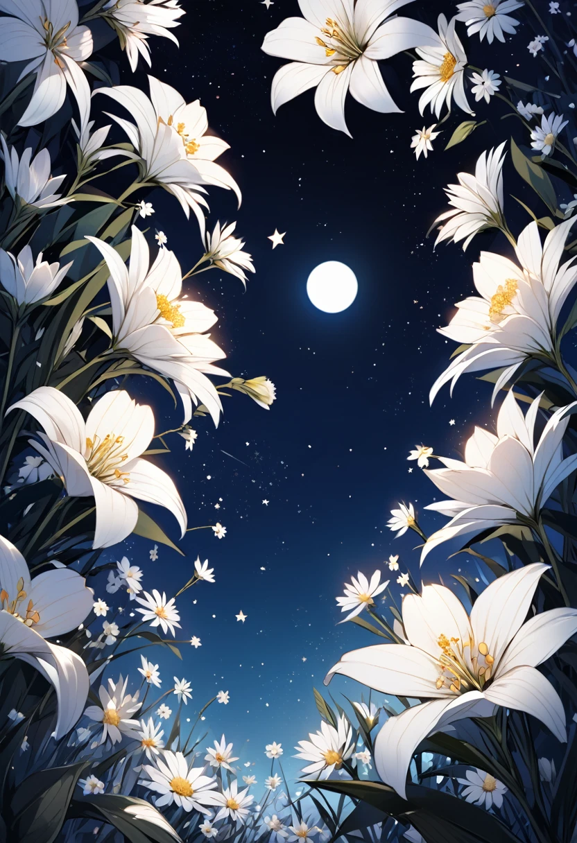 Beautiful white flowers on a background of the night sky with stars and moon