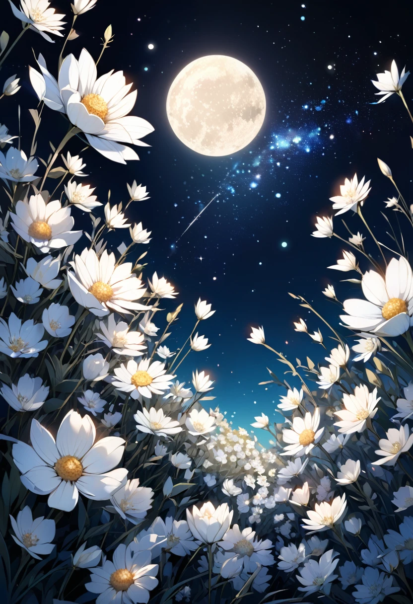 Beautiful white flowers on a background of the night sky with stars and moon