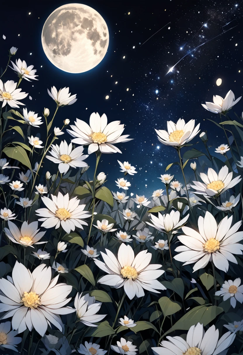 Beautiful white flowers on a background of the night sky with stars and moon