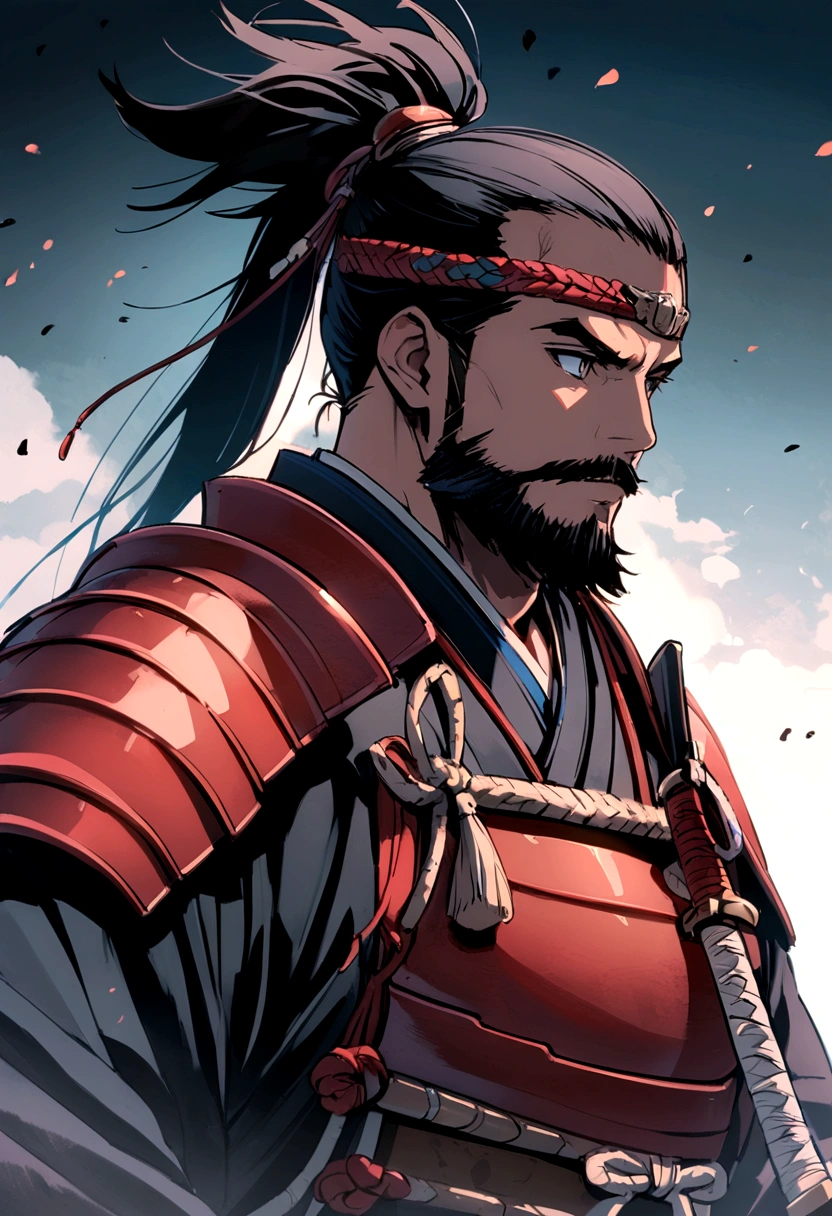 samurai with red armor,  black fur, short black beard, braided black hair tied in a ponytail, African samurai