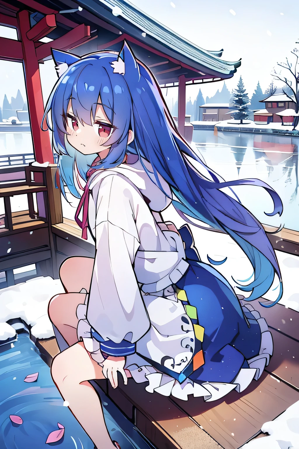 (masterpiece:1.2),Super detailed,lifelike,Expressive eyes,fair skin,perfect face shape,1 girl,
Japanese comics,Gorgeous blue hair,flowing blue hair,flowing clothes,Cat ears,Petals fall,beautiful lola,Baby Angel,
Cross your legs,Gentle and peaceful background,The pavilion is cool and comfortable,smile, wearing hoodie, background of tokyo,back views,snowing, winter.