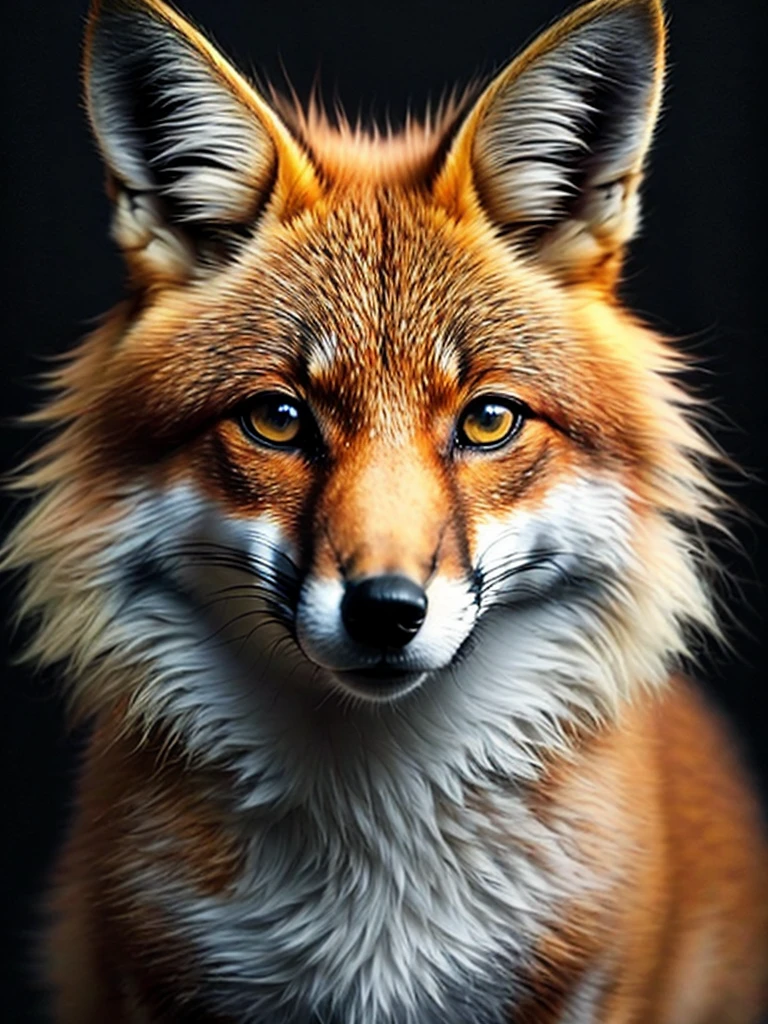 The fox, sad and ashamed. , colorful, yang08k, photography, beautiful, black background, masterpieces, top quality, best quality, official art, beautiful and aesthetic, realistic, tattoo style
