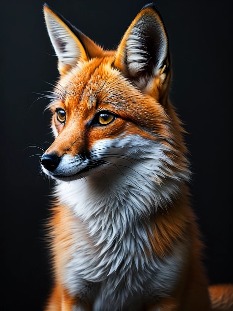 The fox, sad and ashamed. , colorful, yang08k, photography, beautiful, black background, masterpieces, top quality, best quality, official art, beautiful and aesthetic, realistic, tattoo style