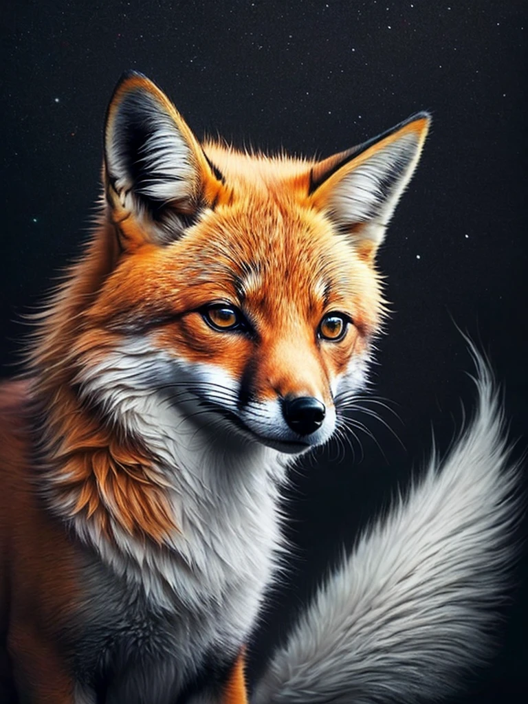 The fox, sad and ashamed. , colorful, yang08k, photography, beautiful, black background, masterpieces, top quality, best quality, official art, beautiful and aesthetic, realistic, tattoo style
