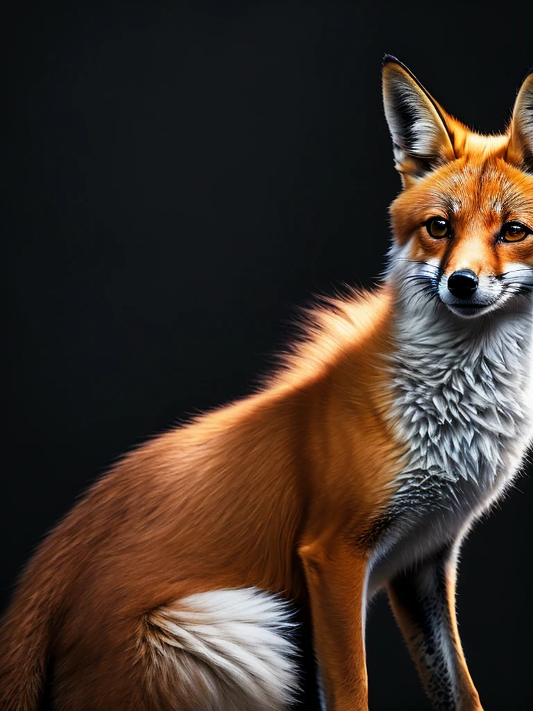 The fox, sad and ashamed. , colorful, yang08k, photography, beautiful, black background, masterpieces, top quality, best quality, official art, beautiful and aesthetic, realistic, tattoo style
