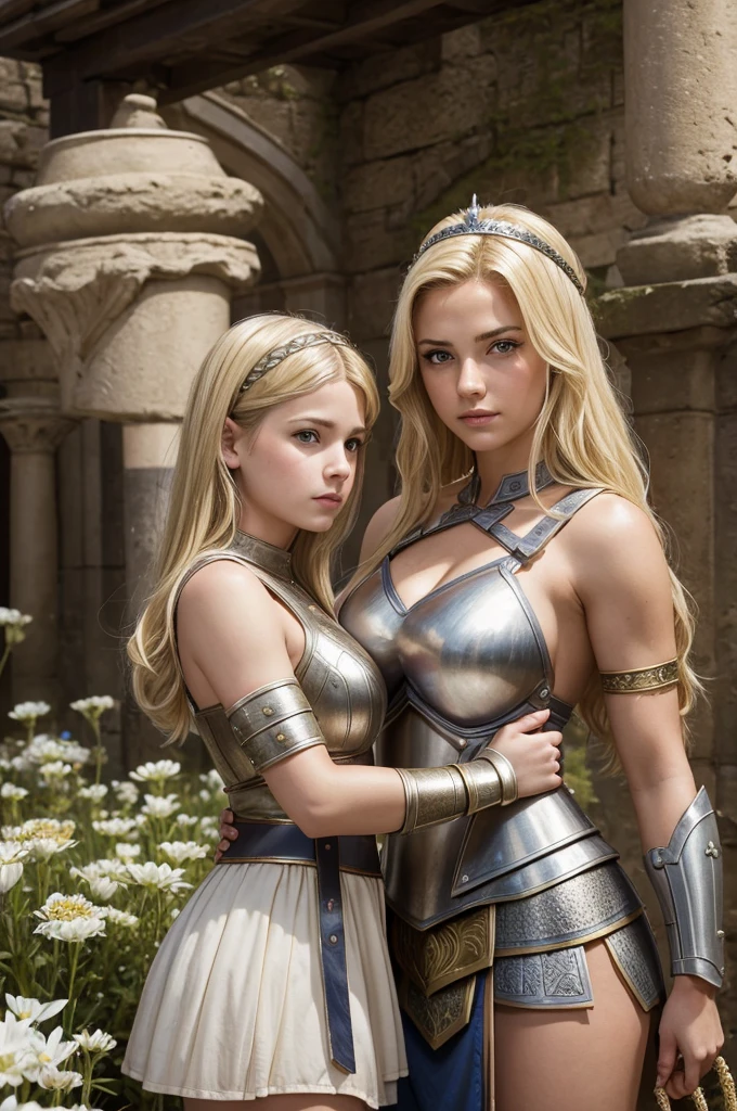 mother and daughter portrait break: mature woman, roman warrior, queens blade , middle age, blonde, detailed face, curvy, fighter position, background in uk land break: girl, roman warrior, princess blade , 13 yenager girl, s breasts, mini cropped, valkyrian princess ,blonde, detailed face, beautiful, confiant, background in uk land with flowers, soft lesbians