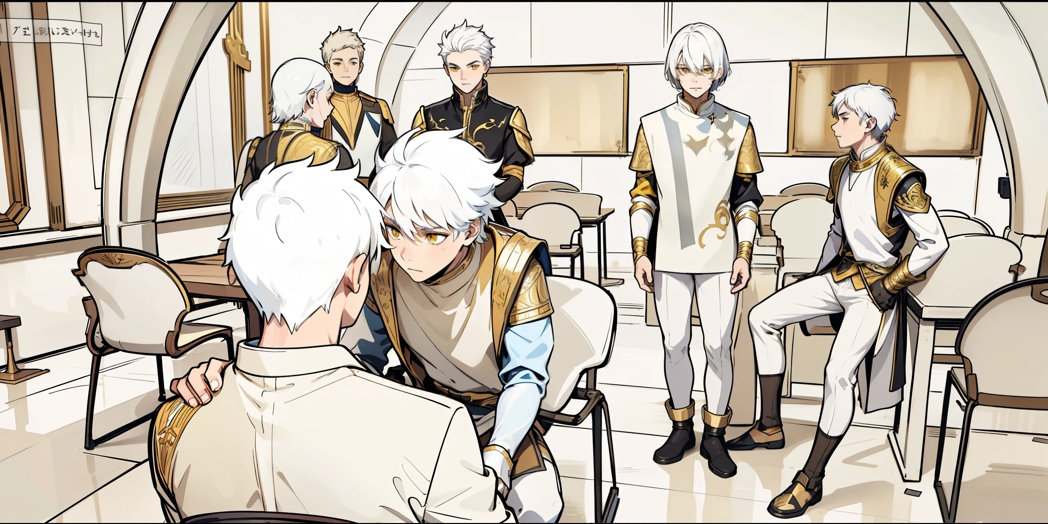 There is a boy sitting with his back turned and several young men in front of him intimidate. They only have white hair and yellow eyes, black tunics, golden armor, black with yellow golden jewelry.