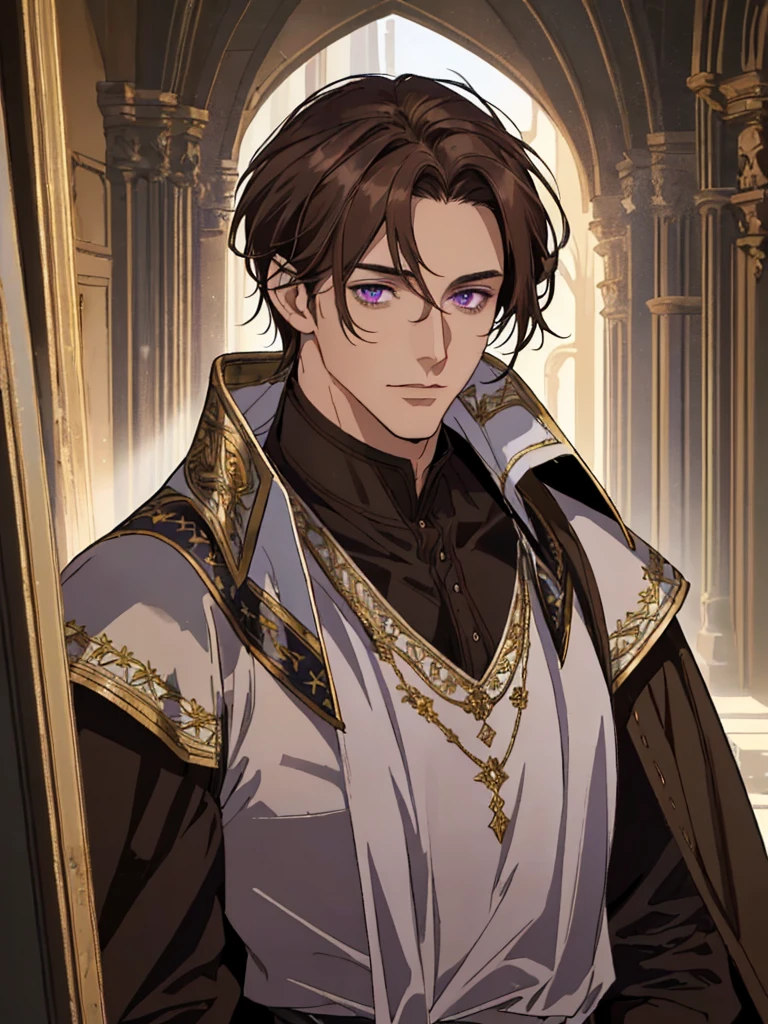 (Best quality),adult, age 38 years old, 1 manly, male, mature, very tall, elegant, (((very short dark light brown hair))), violet eyes, perfect eyes, light brown hair, medieval fantasy style, richly textured background, soft lighting, portrait style, painting style, deep colors, half body, perfect, half body, big body