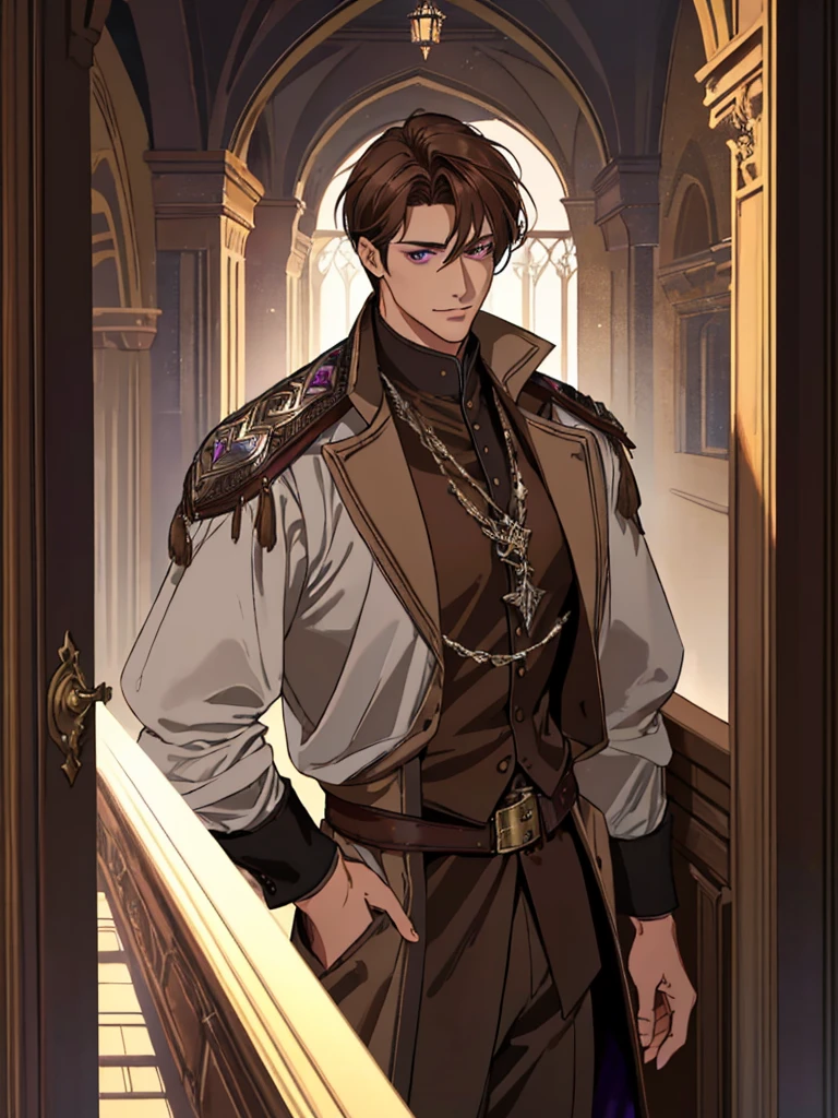 (Best quality),adult, age 38 years old, 1 manly, male, mature, very tall, elegant, (((very short dark light brown hair))), violet eyes, perfect eyes, light brown hair, medieval fantasy style, richly textured background, soft lighting, portrait style, painting style, deep colors, half body, perfect, half body, big body