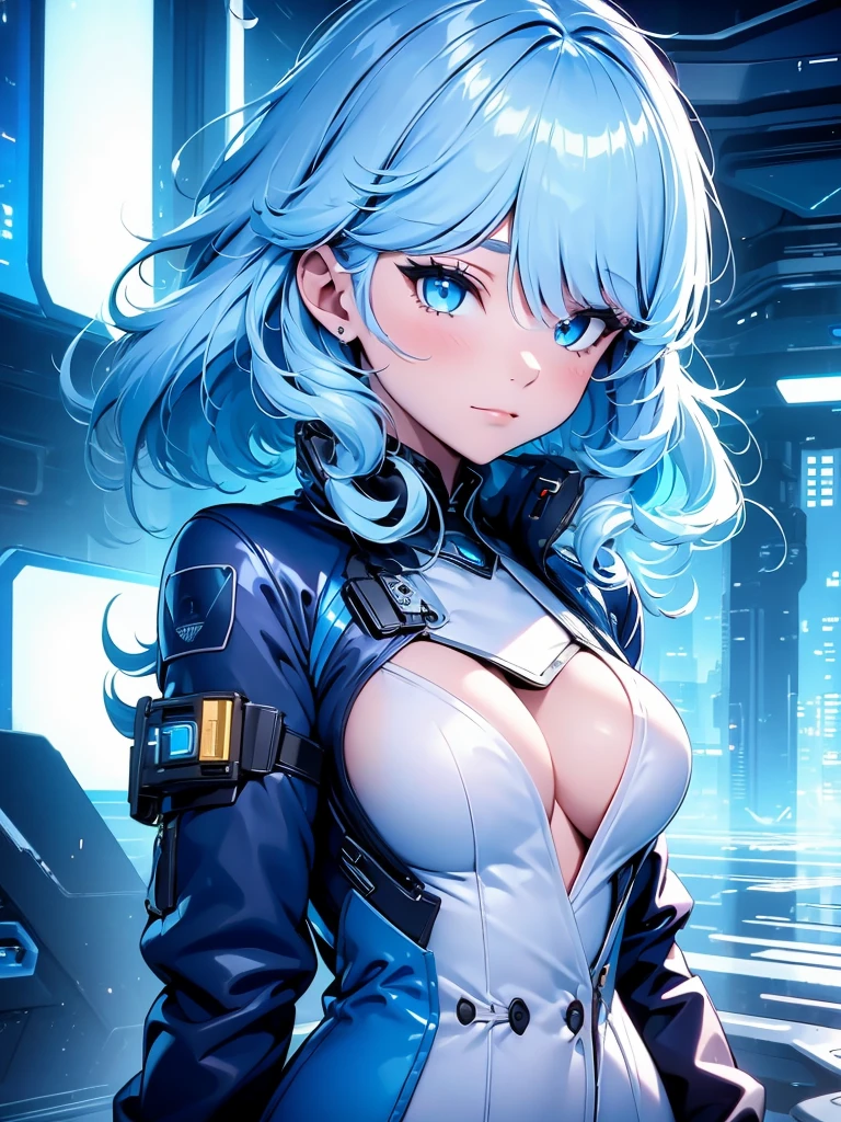 Furina, 1girl, wearing a futuristic outfit, cyberpunk outfit, at a future city, cyberpunk look, light blue colour hair, 8k, high detailed, high quality
