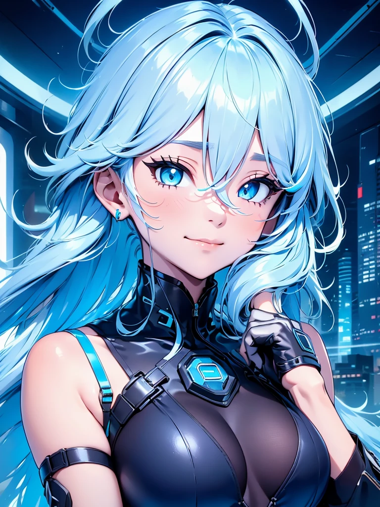 Furina, 1girl, wearing a futuristic outfit, cyberpunk outfit, at a future city, cyberpunk look, light blue colour hair, 8k, high detailed, high quality
