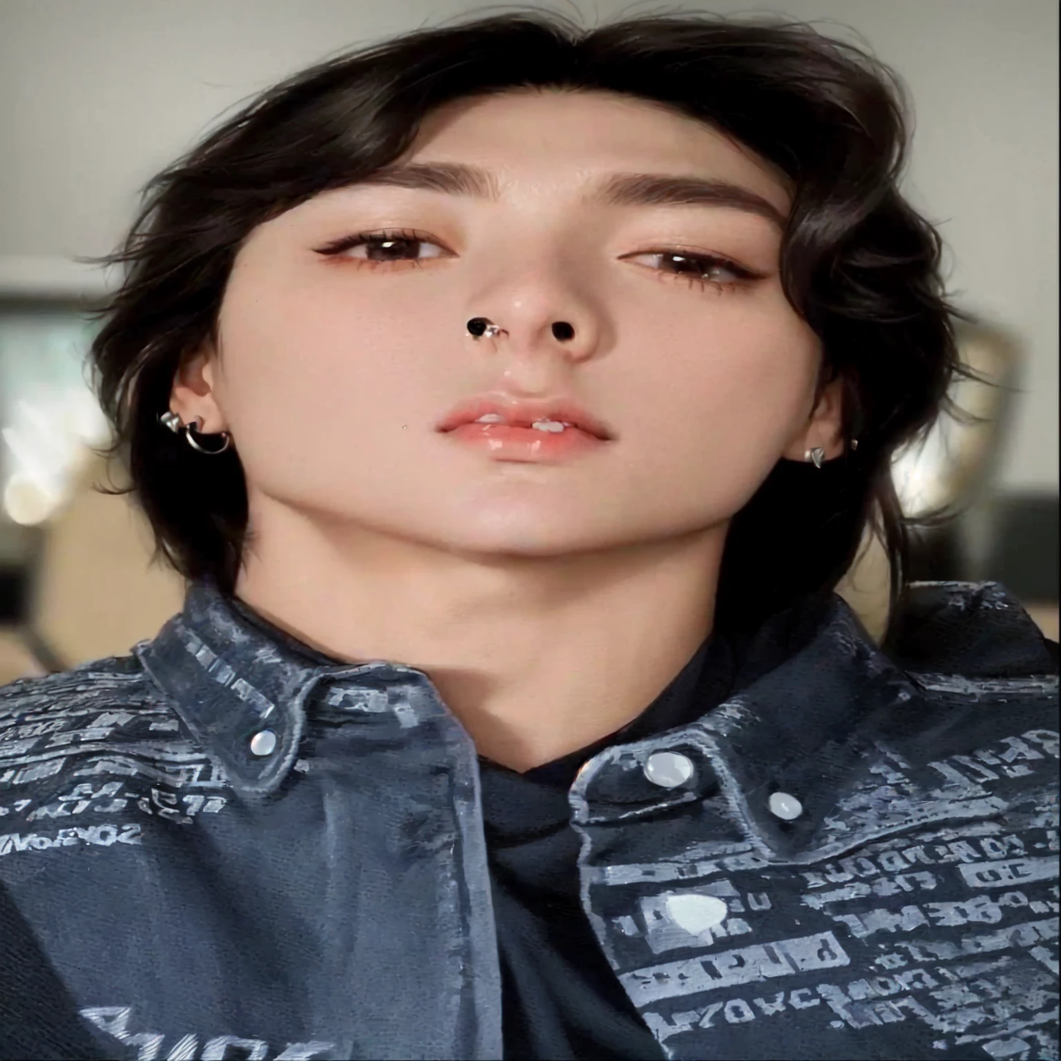 A closeup of a person with a nose piercing, androgynous face, androgynous person, androgynous, glare, septum piercing, using spikes and piercings, Jimin\his right eyelid is swollen, androginia, Jimin\full lips, androgynous male, taken in the early 2020s , BTS , K-Pop idol , jungkook , BTS jungkook , k-pop 
