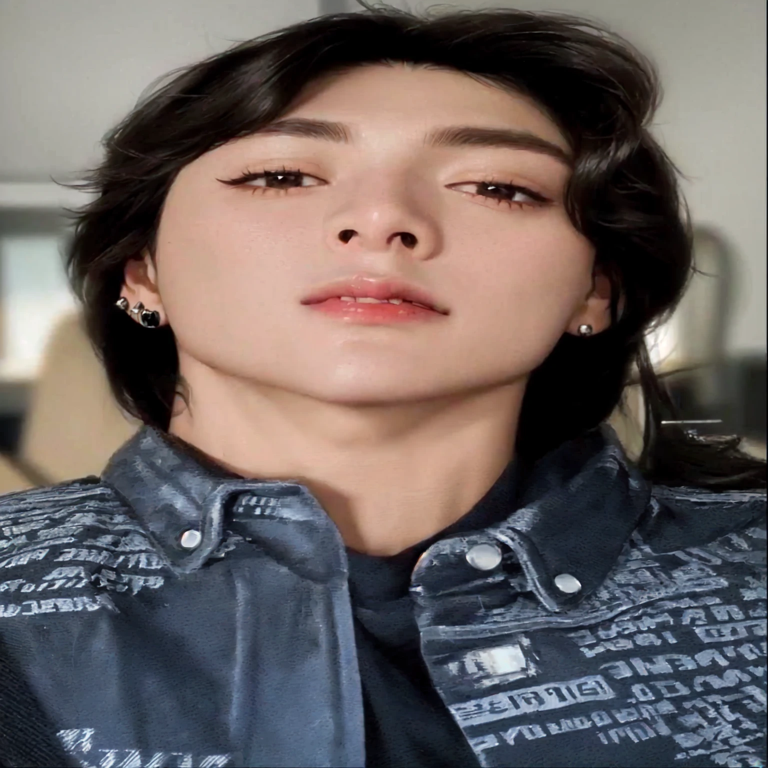 A closeup of a person with a nose piercing, androgynous face, androgynous person, androgynous, glare, septum piercing, using spikes and piercings, Jimin\his right eyelid is swollen, androginia, Jimin\full lips, androgynous male, taken in the early 2020s , BTS , K-Pop idol , jungkook , BTS jungkook , k-pop