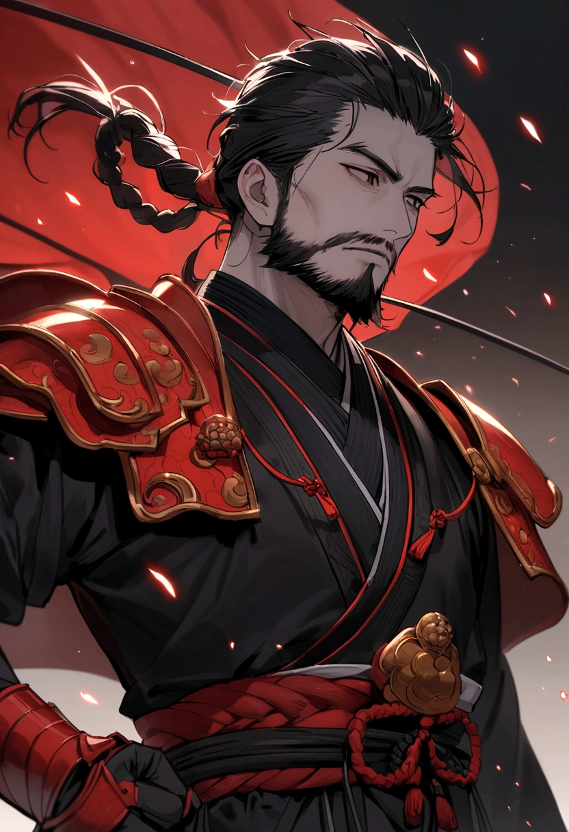 samurai with red armor, black fur, short black beard, braided black hair tied in a ponytail, Black Samurai, the samurai's skin is red