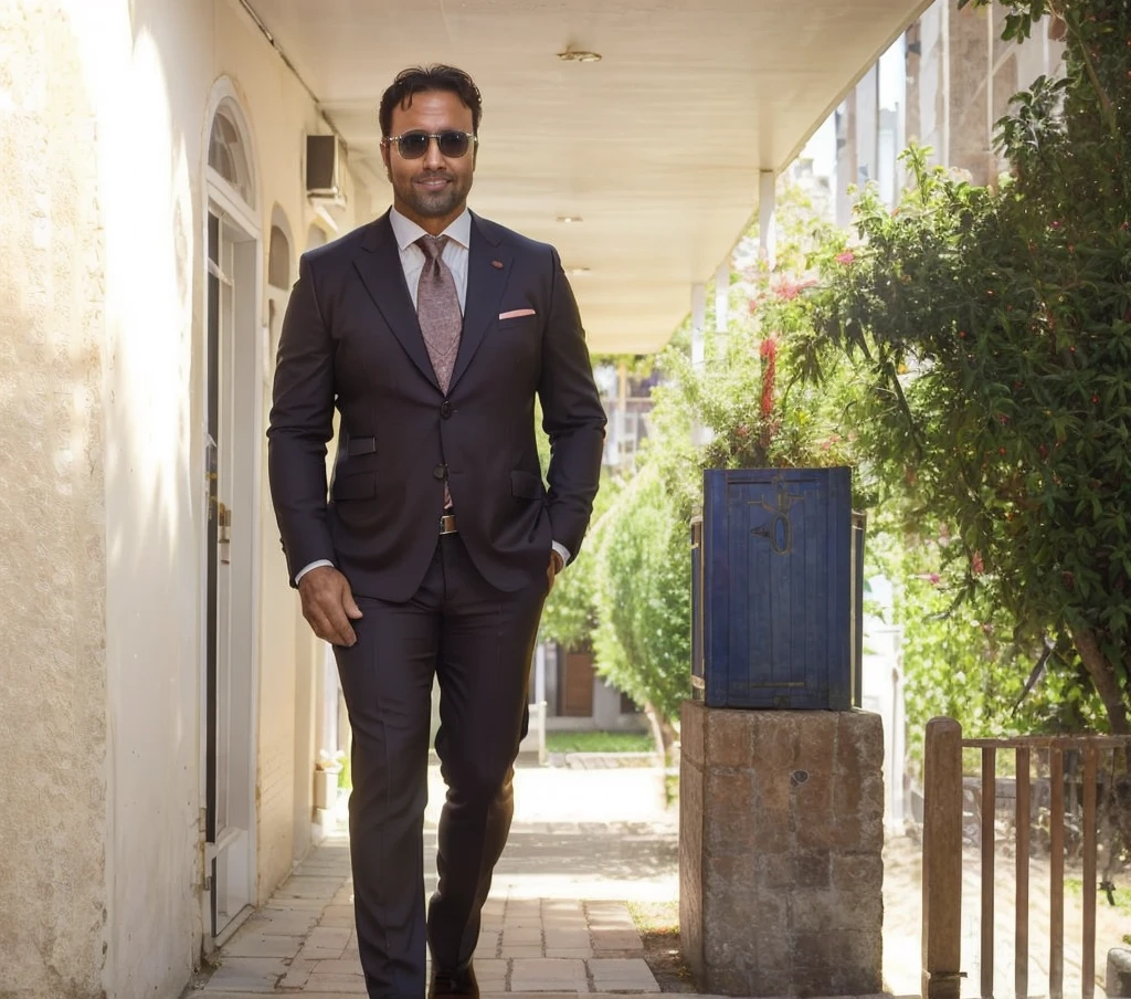 (best quality,4k,realistic,ultra-detailed,handsome 40-year-old man,brown eyes and hair,95kg,full body,dressed in formal attire),vivid colors,professional lighting,portrait, Sunglasses 