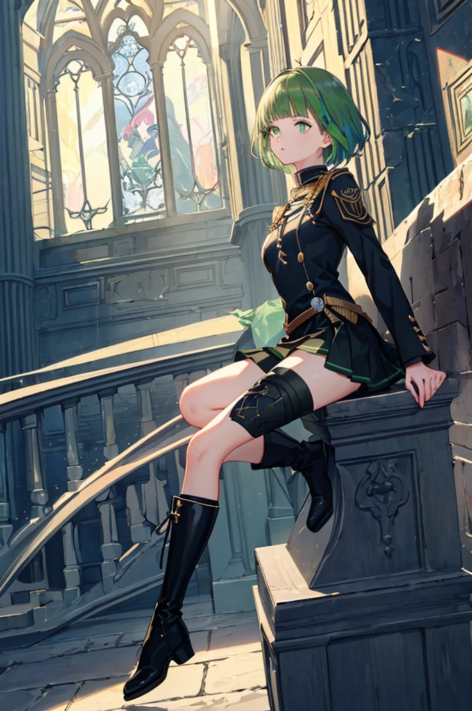[(with a cathedral background:1.4)::5],original,(shape:1.1),(highest quality),(Tabletop:1.1),(Highly detailed CG Unity 8k wallpaper:1.1), (colorful:0.9),(Mid Shot:0.95),(very detailed beautiful whole body),Dynamic Angle,(alone:1.2), (girl),(((Adult))), (Beautiful eyes in every detail:1.15), (Beautiful Face:1.15), (Glowing green eyes:1.25////),(Gemstone Eyes),(Green Short Hair),(Blunt bangs),((The girl wear a black knight uniform)),Realistic,, girl,Green Hair,((Black long boots)), Black mini skirt,Black knee socks(rage),(Contempt and contempt),rage,(beautiful slender girl),((Adult)),((whole body)),Valkyrie, Decorations,((Thin legs)),((slender girl)),Front Angle,Front Angle,
