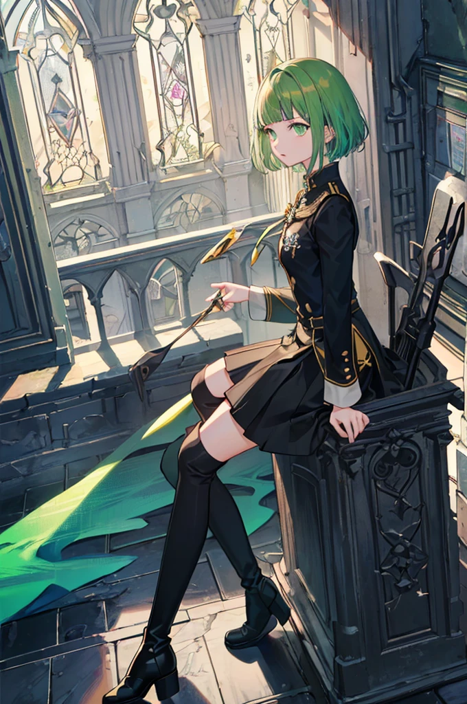 [(with a cathedral background:1.4)::5],original,(shape:1.1),(highest quality),(Tabletop:1.1),(Highly detailed CG Unity 8k wallpaper:1.1), (colorful:0.9),(Mid Shot:0.95),(very detailed beautiful whole body),Dynamic Angle,(alone:1.2), (girl),(((Adult))), (Beautiful eyes in every detail:1.15), (Beautiful Face:1.15), (Glowing green eyes:1.25////),(Gemstone Eyes),(Green Short Hair),(Blunt bangs),((The girl wear a black knight uniform)),Realistic,, girl,Green Hair,((Black long boots)), Black mini skirt,Black knee socks(rage),(Contempt and contempt),rage,(beautiful slender girl),((Adult)),((whole body)),Valkyrie, Decorations,((Thin legs)),((slender girl)),Front Angle,Front Angle,
