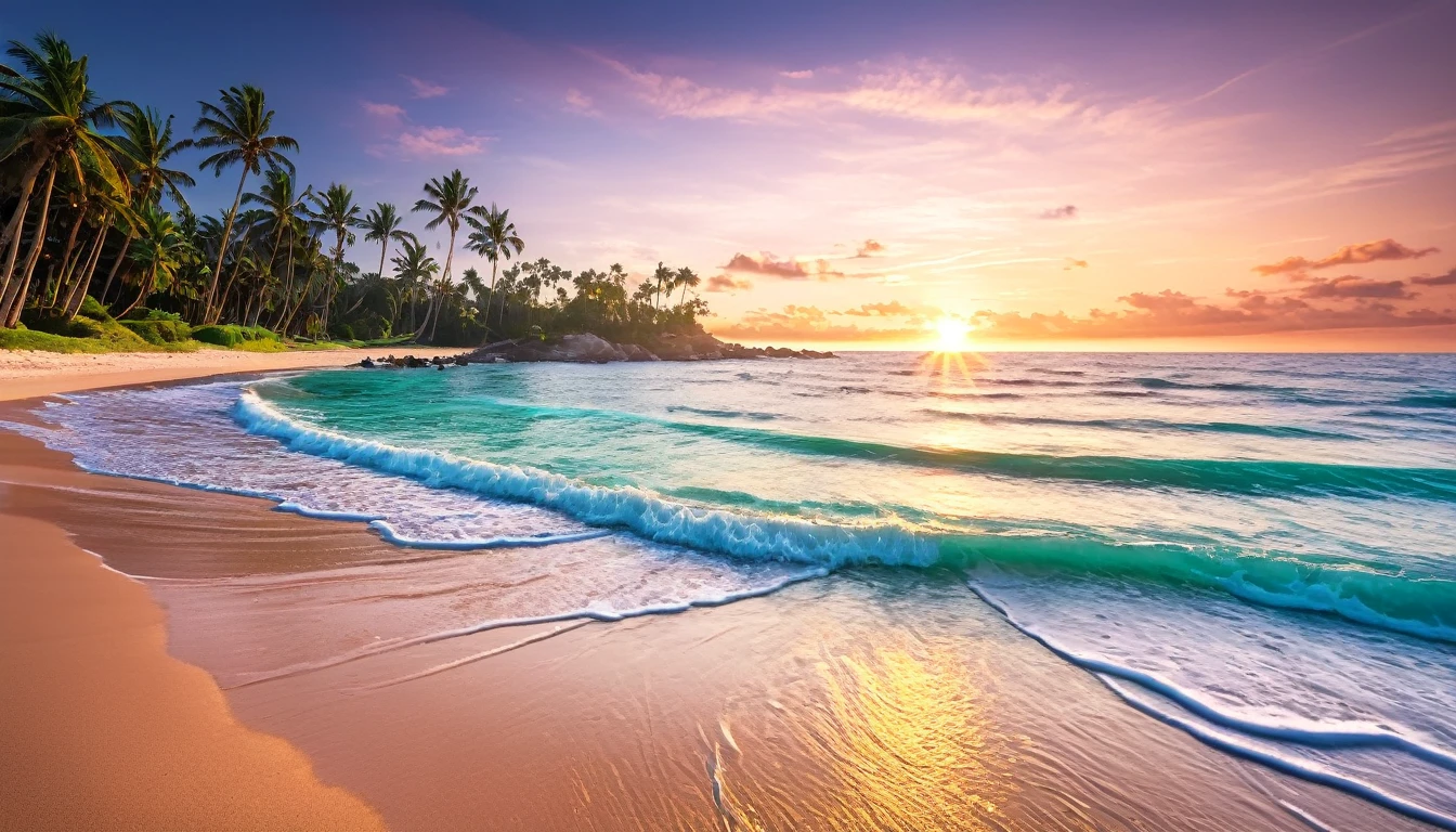 Best Quality, master piece, high resolution, Raw photo, Professional Lighting, high-level image quality, high-detail, masterpiece depicting stunning sunrise on tropical beach with gentle waves and palm trees along the coast。The color palette is vivid、It is necessary to convey a sense of renewal and positive energy.