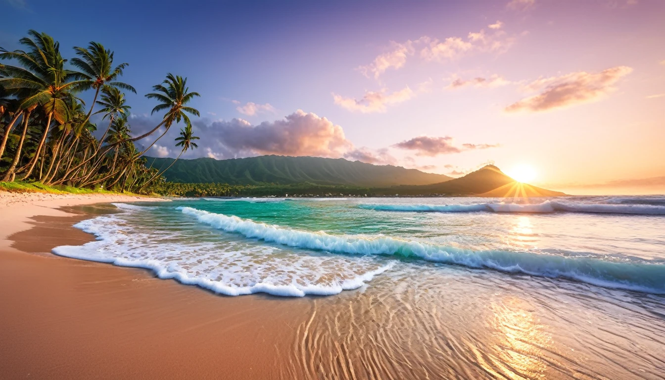 Best Quality, master piece, high resolution, Raw photo, Professional Lighting, high-level image quality, high-detail, ​masterpiece depicting stunning sunrise on tropical beach with gentle waves and palm trees along the coast。The color palette is vivid、It is necessary to convey a sense of renewal and positive energy.