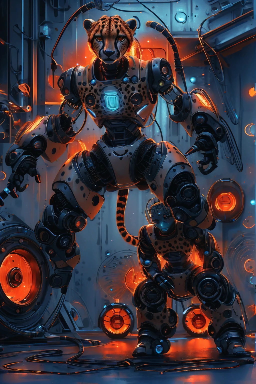 ((a robotic cheetah, metal body and face with cheetah spots, neon lights on its body, cables, robotic mechanisms, dynamic and crouching pose, perfect anatomy: 1.5)), (best quality, 4k, 8k, high resolution , masterpiece: 1.2), ultra detailed, (realistic, photorealistic, photorealistic: 1.37), cinematic lighting, highly detailed mechanical parts, dynamic action pose, elegant metallic texture, bright neon reflections, complex robotic features, advanced technology , futuristic cyberpunk, vibrant color palette